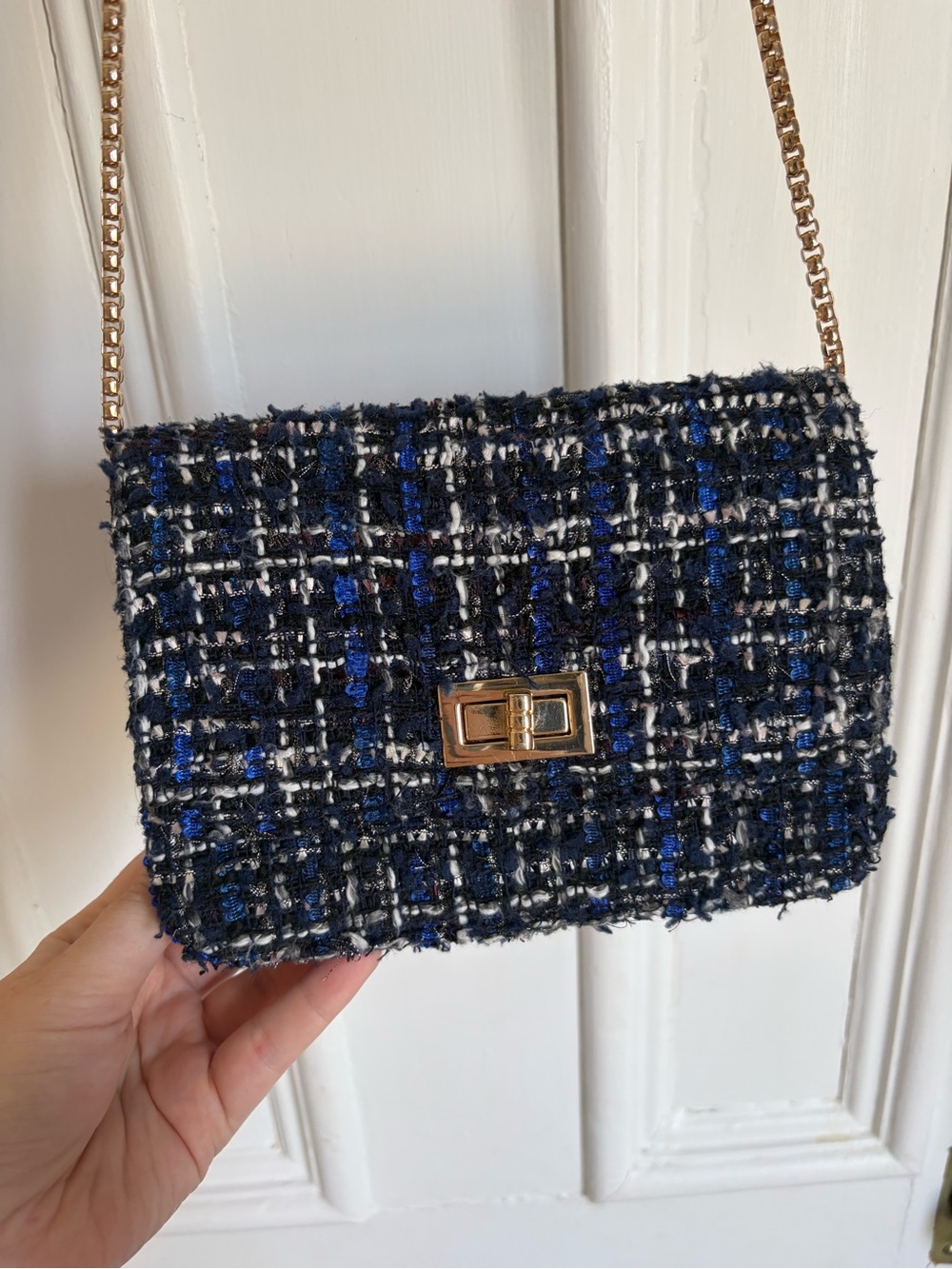 Tweed Crossbody Bag with Gold Hardware - Navy & Black